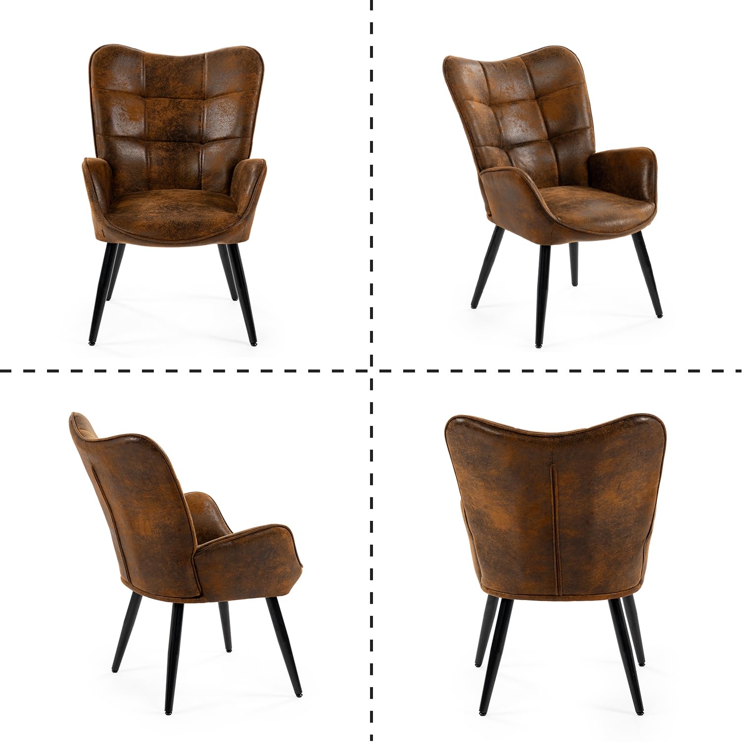 MEUBLE COSY Poltrona Imbottita Sedia da Salotto con Braccioli Poltroncina Relax con Schienale Alto e Cuscino Spesso Gambe in Metallo per Camera da Letto Soggiorno in Pelle Scamosciata Marrone