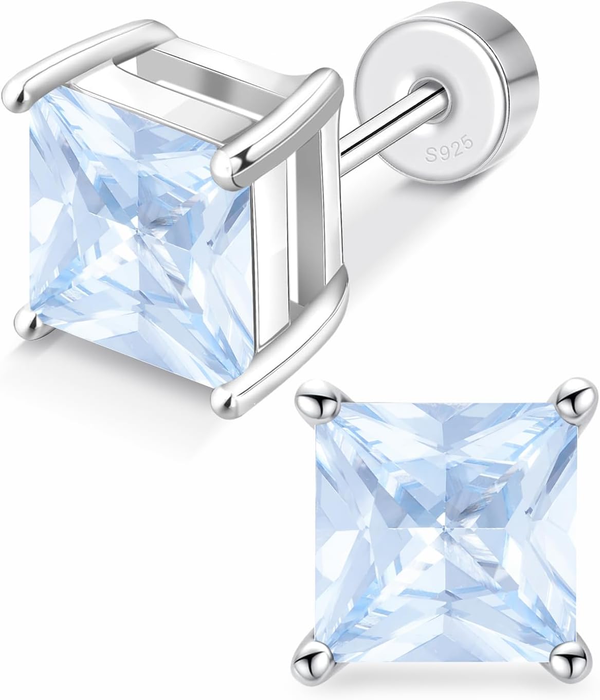 Princess Cut Birthstone Flat Back Earrings Comfort Sleep, Solid Square 925 Sterling Silver Studs Hypoallergenic Non Tarnish, Elegant Jewelry Mother's Day Birthday Gifts for Women Mom Wife Girlfriend