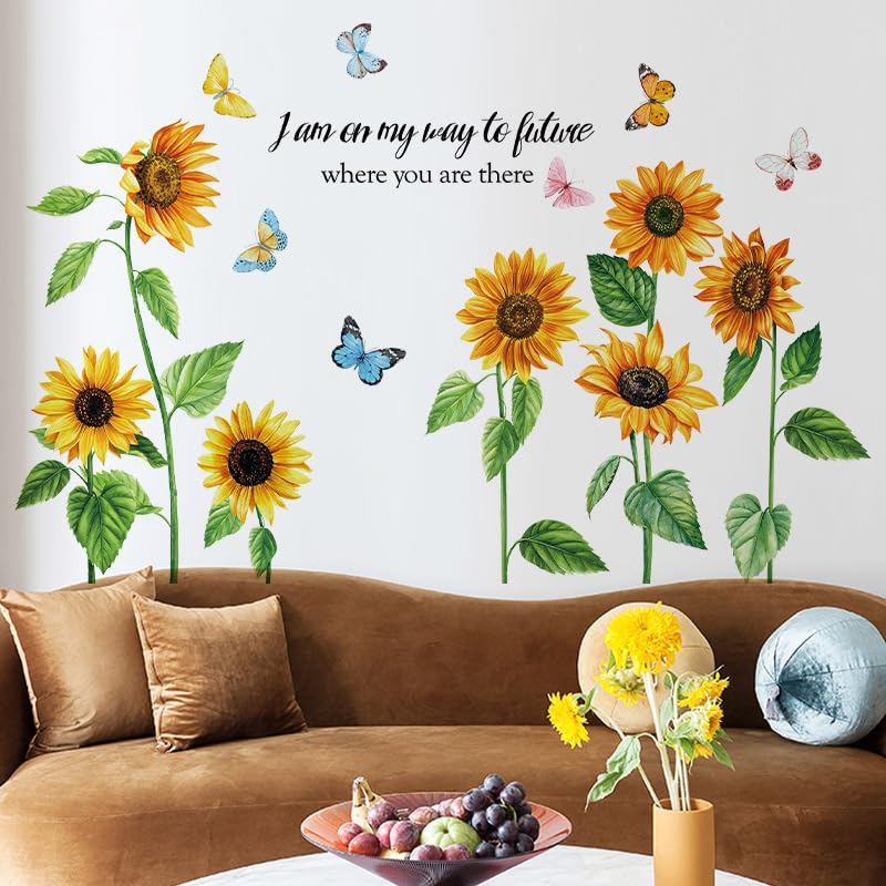 Fufuquare Sunflower Lettering Quotes Sayings Wall Stickers Butterfly Flower Botanical Peel and Stick Wall Decals for Bedroom and Living Room