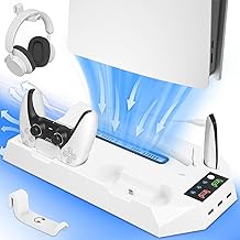 PS5 Stand with Cooling Fan and Headphone Stand, PS5 Controller Charger for PS5 Controller, 3H Fast PS5 Controller Charger, PS5 Accessories with 3 Levels Cooling Fan/Headset Holder, 3 USB Hub(White)