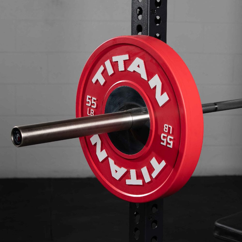 Titan Fitness Elite Olympic Bumper Plates, Competition Weight Plates, Rubber with Steel Hub Insert, Sold as a Pair, for Olympic Weightlifting and Cross-Training Workouts (55 LB Single)