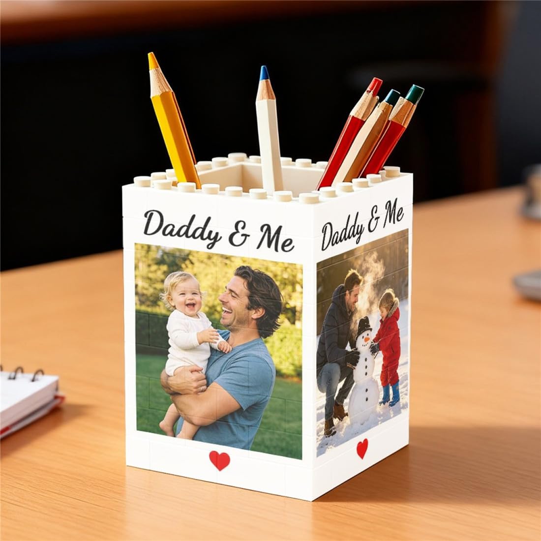 BFHEFGSUU Personalised Daddy & Me Photo Brick Pencil Pot Funny Building Block Pen Holder Desktop Decor Gift Dad Couple Family Father's Day Birthday Xmas (S 03)