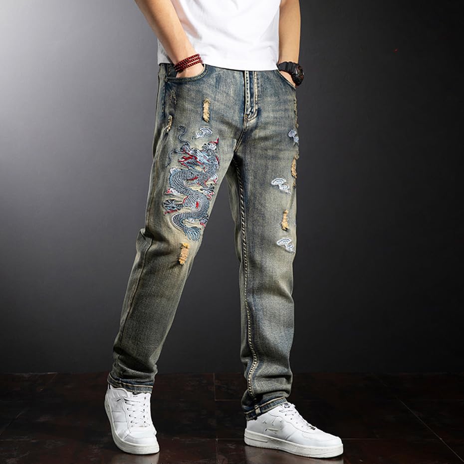 Dragon Embroidered Jeans Men Streetwear Denim Pants Ripped Plus Size Trousers Male Bottoms2