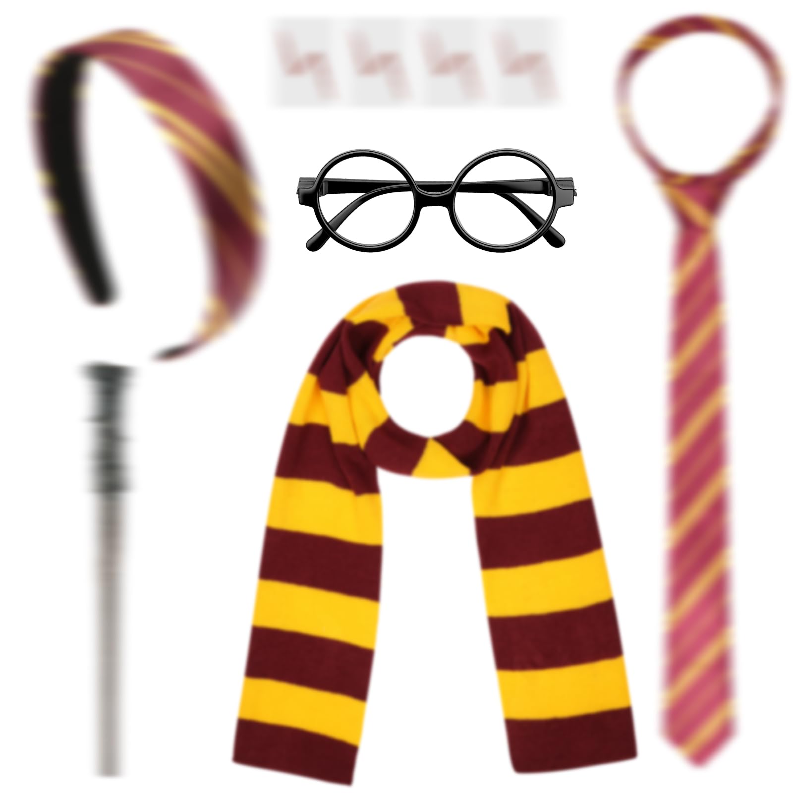 Aomig Wizard Costume Accessories Set Red and Gold Wizard Stripe Scarf Tie Glasses Magic Wand Sticker Headband, School Uniform Neckties Retro Glasses Set for Halloween Fancy Dress Costume Accessory โ image 1
