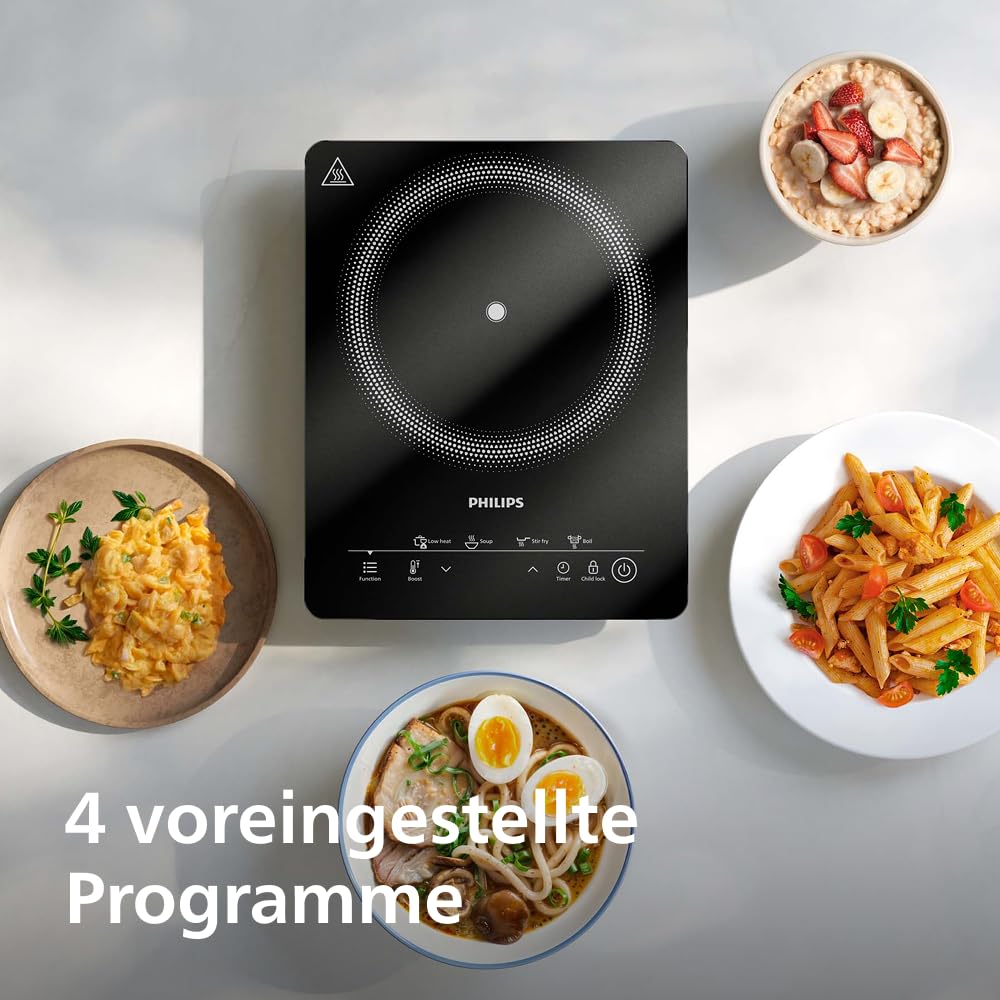 Philips Induktionskochfeld 3000, Schwarz, Touch-Panel-Display | 2000 W, 8 Heizstufen, 4 Kochprogramme, tragbarer Induktionsherd, automatische Abschaltung (HD5830/90)