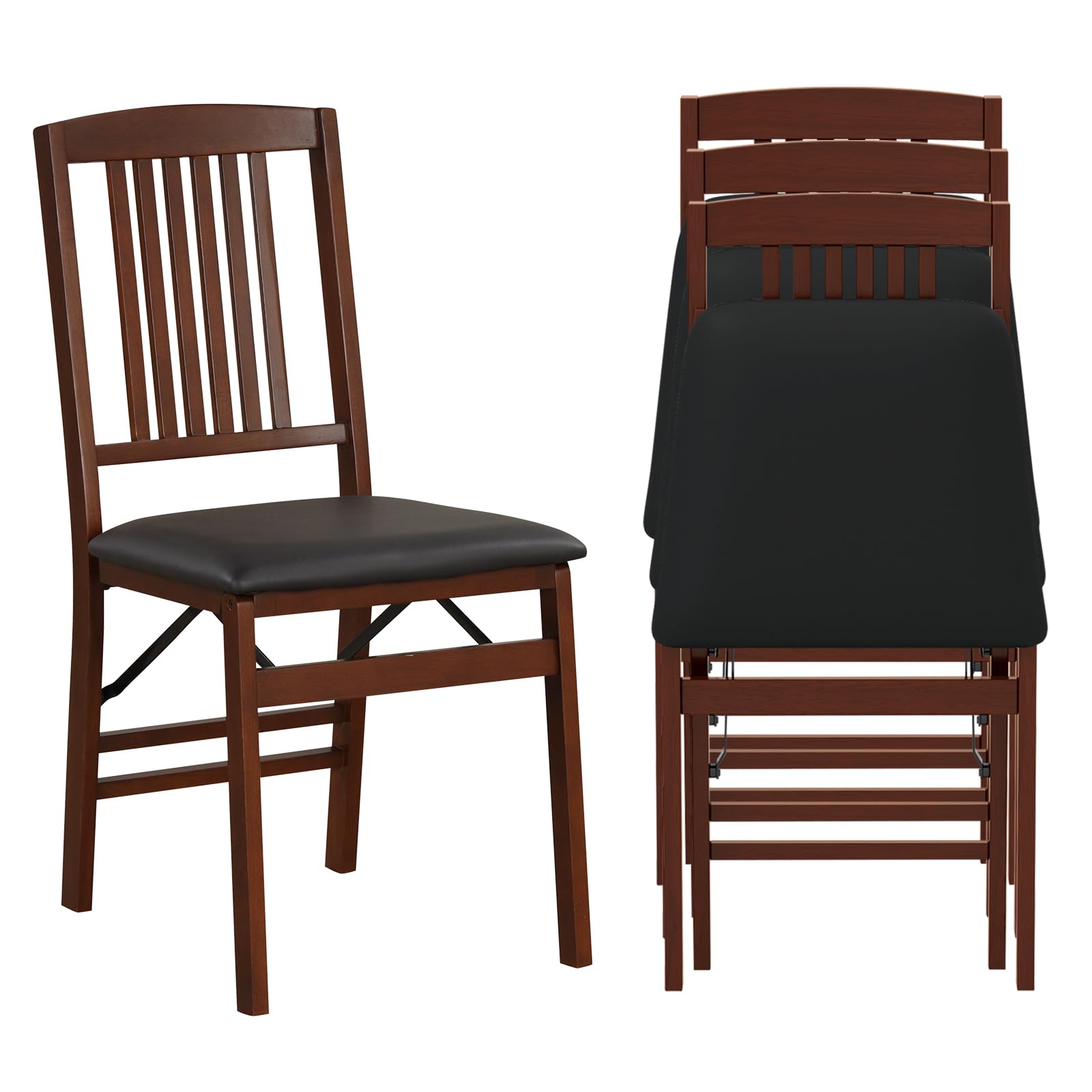 COSTWAY Solid Wood Folding Dining Chairs Set of 4 with Padded Seat, Brown
