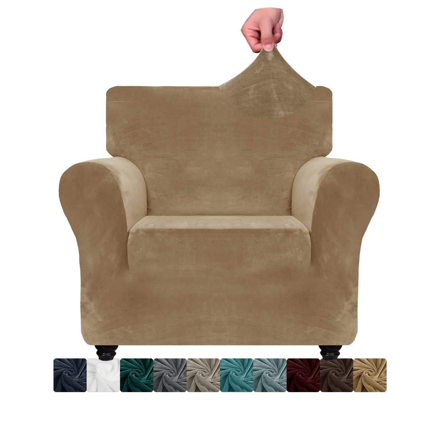 CHELZEN Velvet Chair Covers for Armchairs 1 Seater Thick Stretch Couch Covers for Dogs Pets Non-Slip Chair Slipcover with Arms Furniture Protector for Living Room (1 Seater