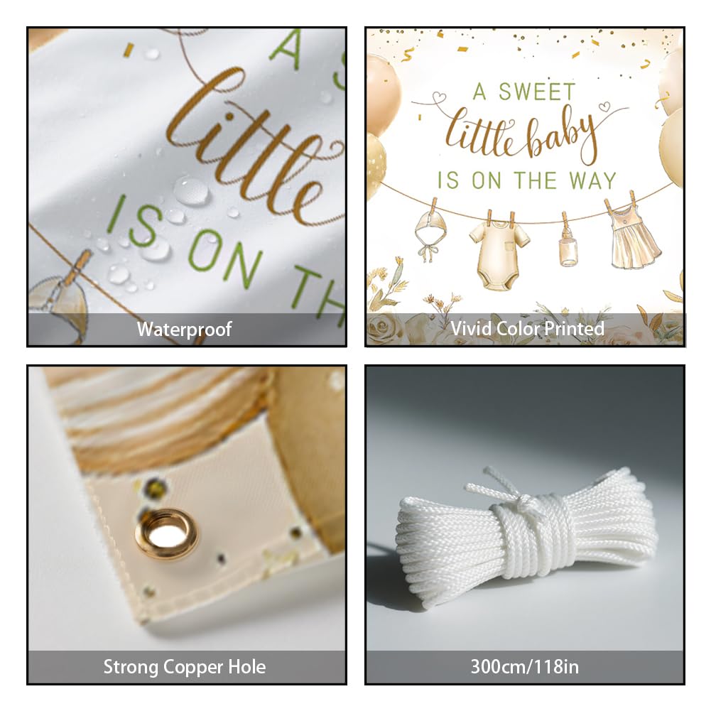 CRAFTYMELODY Baby Shower Banner 72×44 Inch A Sweet Little Baby Is On The Way Banner Gold Backdrop Indoor Outdoor with Grommets 3.2 Yard String for Party Decoration Background Supplies - Image 3