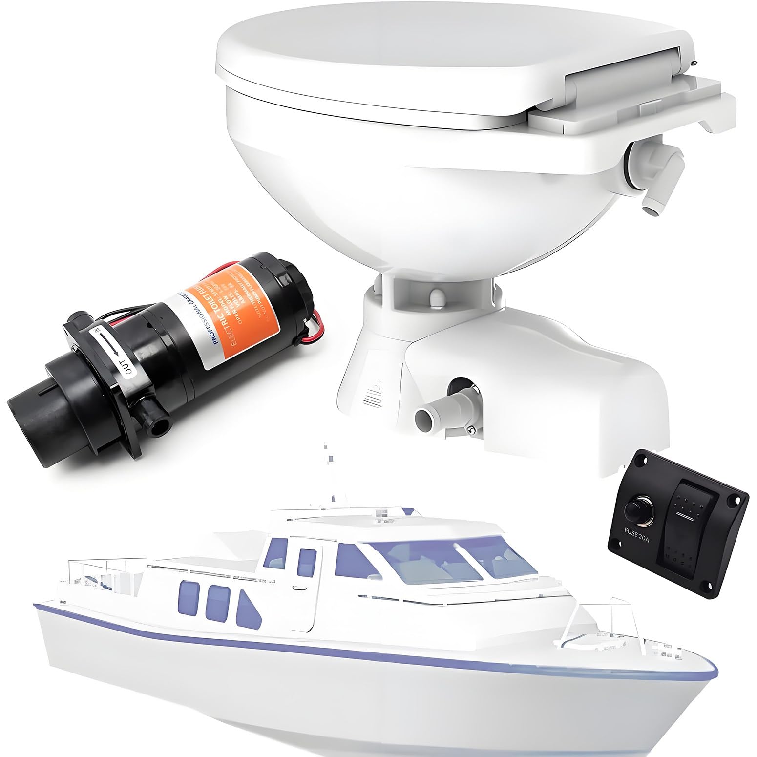 SICWEDIM Electric Marine Toilet, 12V Quiet Flush Horizontal RV Toilet Boat Toilet, Built-in Macerator, On-Off Flush Control, Quiet Soft-Close Lid, for Boats & Yacht