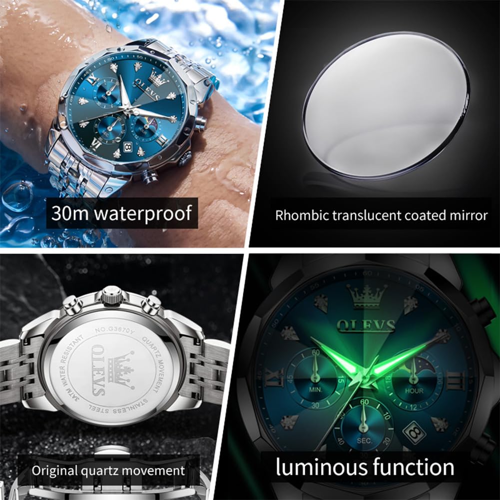 OLEVS Männer Uhr Quarz Luxus Business Uhren Multifunktion Chronograph Mondphase wasserdicht Leuchtend Edelstahl Armbanduhr