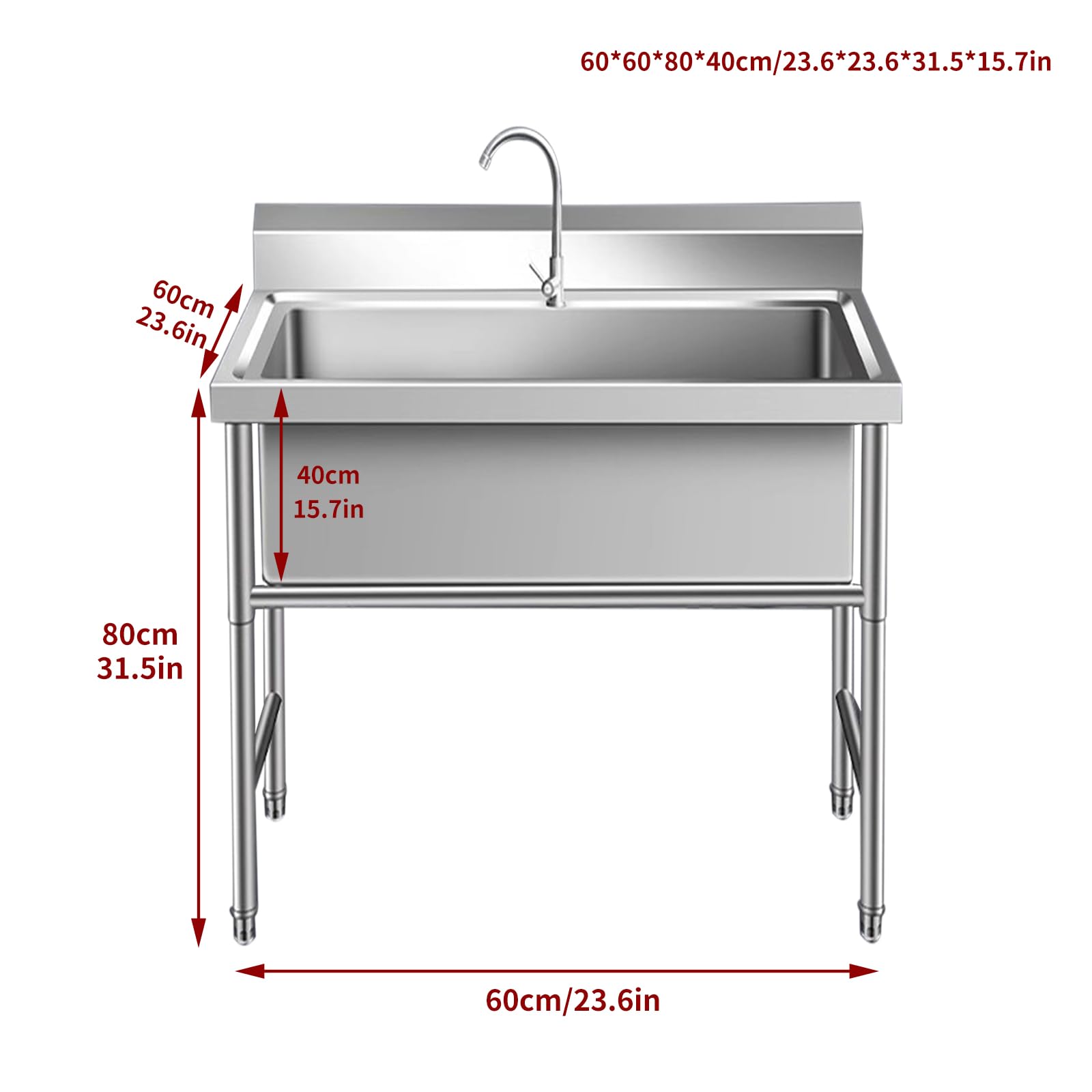 fregadero industrial de acero inoxidable de 1 compartimento,fregadero para taller, Fregadero de acero inoxidable independiente, fregadero independiente de acero inoxidable para (60*60*80cm/23.6*23.6*3