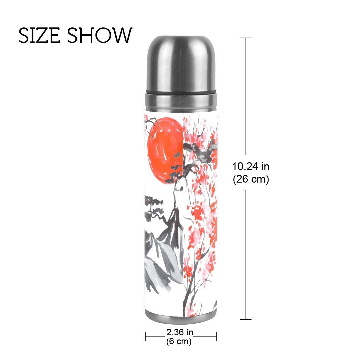 Thermosflasche, Vakuum-isoliert, Edelstahl, doppelwandig, auslaufsicher, japanisches traditionelles Gemälde, personalisierbar, bedruckt, echtes Leder, 500 ml