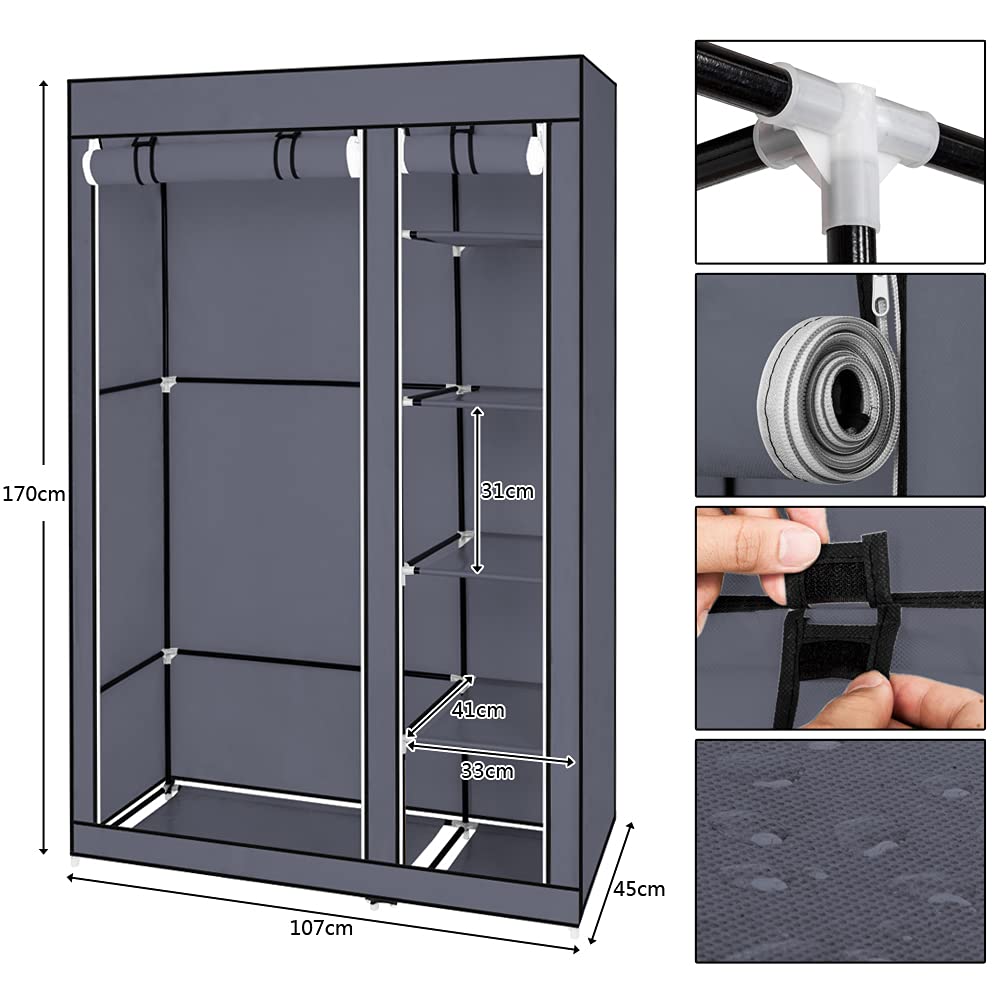 LEADZM Kleiderschrank, Stoffschrank, Garderobe Faltschrank mit Kleiderstange und Ablagen, Stabiler Schrank, für Schlafzimmer, Ankleidezimmer, 110 x 45 x 170 cm, 5 Schichten 6 Würfel (Grau)