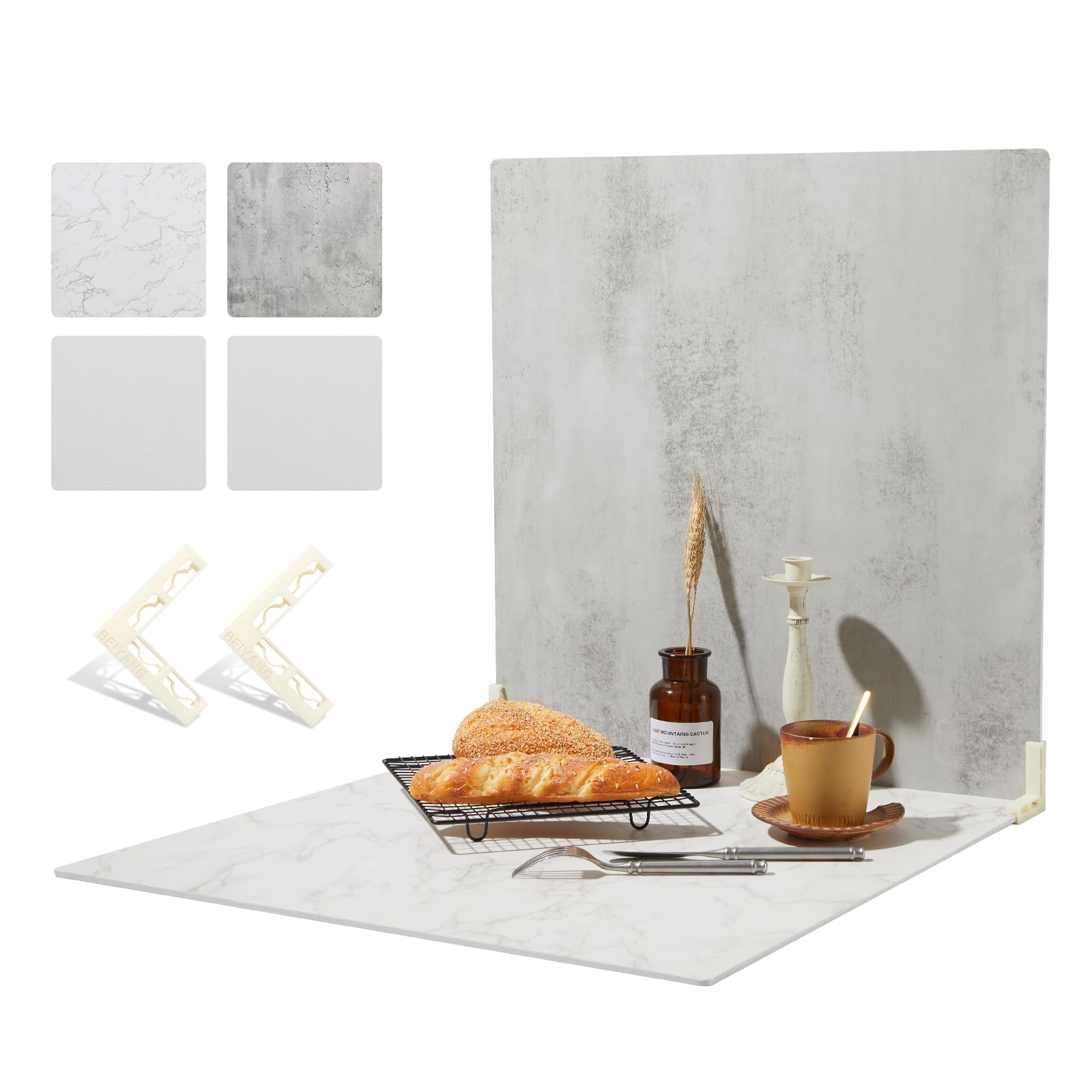 BEIYANG 2 PCS Photo Backdrop Boards with 2 PCS Brackets for Flat Lay or Food Photography Background