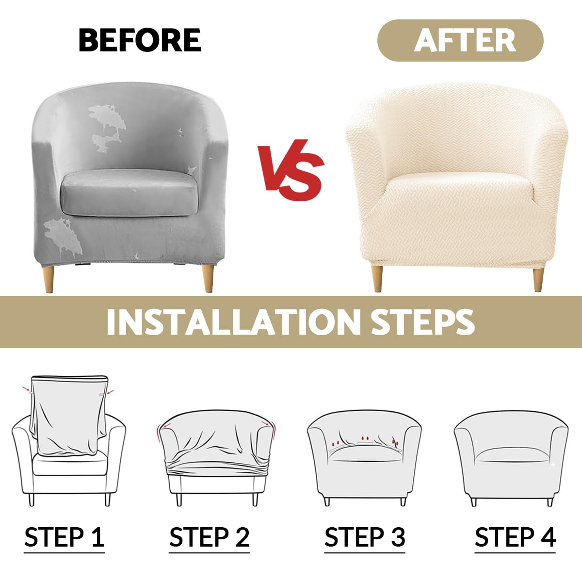 Housse de Fauteuil Cabriolet 1 Place Beige Chesterfield Jacquard Extensible Tub Chair pour Salon Café