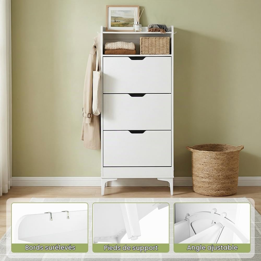 EGGREE Meuble à Chaussures Haute et Étroite avec 3 Portes Rabattables et Compartiment Ouvert, Meuble de Rangement Gain de Place pour Couloir, Appartement, Pièces, Blanc, 60x24x159 cm