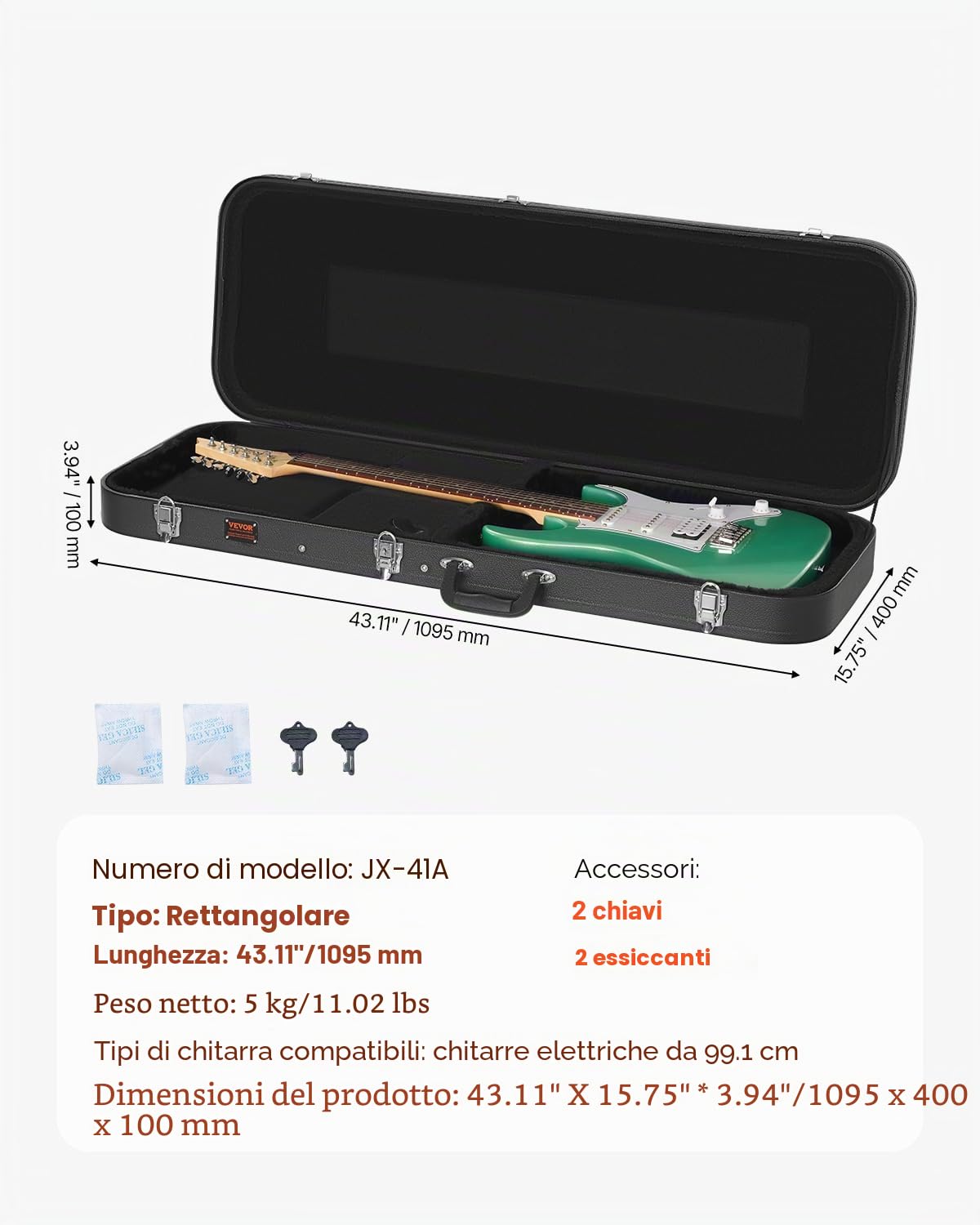 VEVOR Custodia Rigida per Chitarra Elettrica, Custodia Rigida Rettangolare 1040 mm con Chiavi Chiusura, Maniglia, Imbottitura, Fodera Morbida, Custodia Resistente all'Acqua, per Bassi 990 mm, Nero