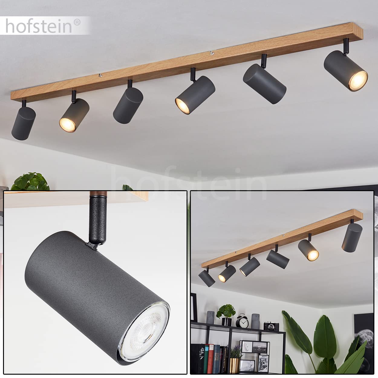 Plafonnier Javel, lampe de plafond moderne en métal imitation bois/marron/gris, luminaire moderne avec spots orientables, 6 flammes, 6 x GU10, sans ampoules