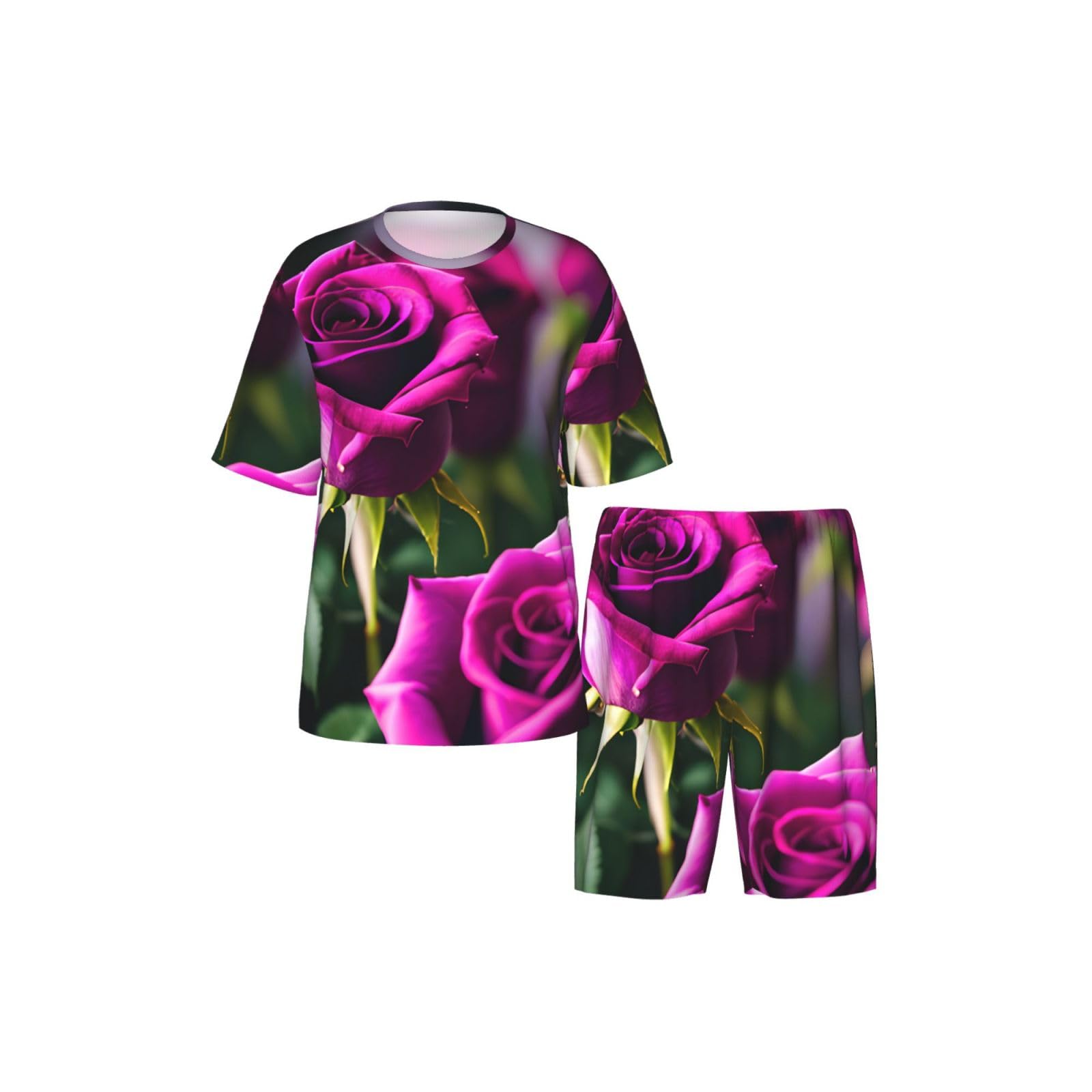 Conjunto de pijama clásico con estampado de rosas moradas para hombre, pantalones cortos de pijama suaves para hombre, perfecto para las noches de verano