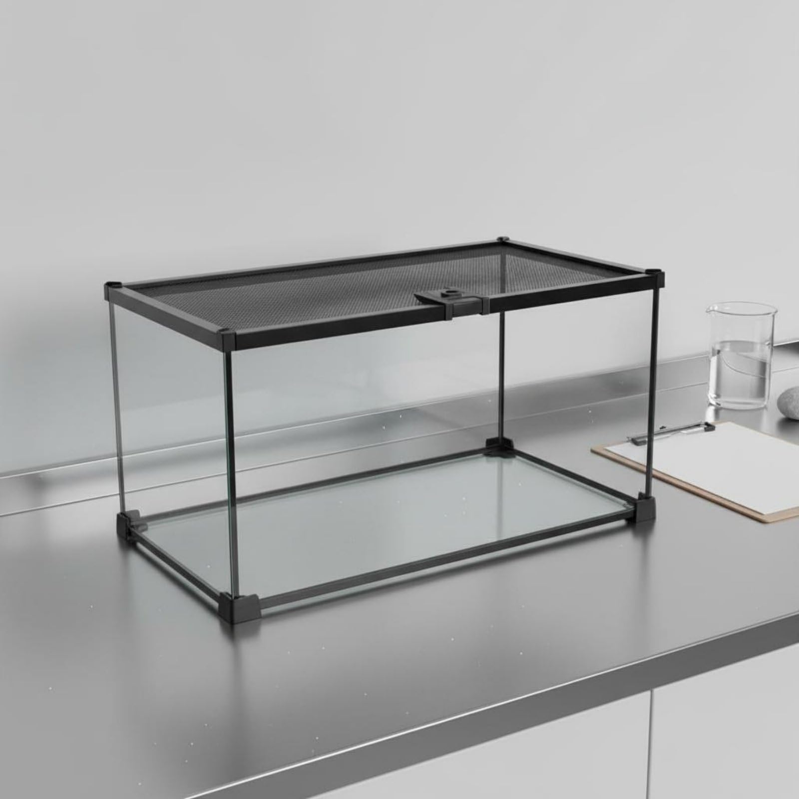 Terrario para Reptiles de Vidrio con Panorámica 360 Grados Diseño Seguro con Tapa de Malla Ventilación Estructura Apilable Adecuado para Serpientes Ranas Tortugas Hogar, 30x20x20cm