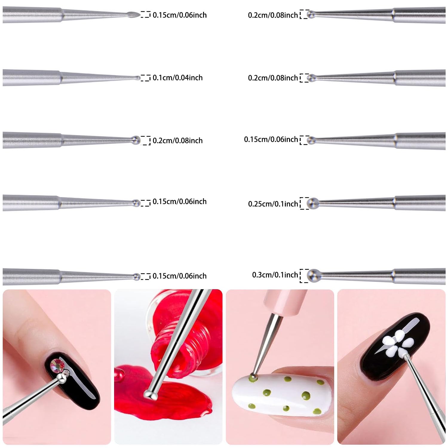 5 Pezzi Strumenti Nail Estremità Sfera, Strumenti Punteggiatura, Strumento Punteggiare Acciaio Inossidabile, Pennello Unghie Acciaio, Pennelli Unghie, per Disegni Unghie Smalto Gel, Intaglio, Ecc