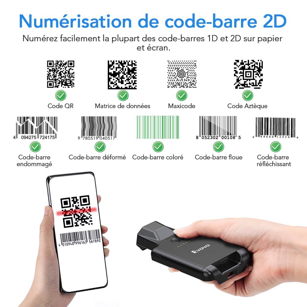 Eyoyo QR Code Scanner Bluetooth Android Barcode Scanner, Portable Back Clip sans Fil 1D 2D UPC ISBN, Lecteur de Code-Barres d'inventaire, Compatible avec iPhone, téléphone Android