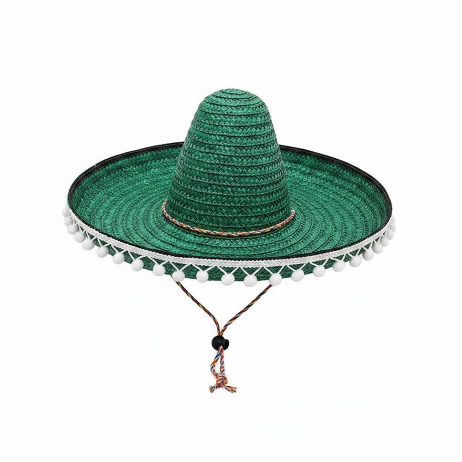 kowaku Mexican Hat Straw Sombreros with Attached White Pom Poms, Green