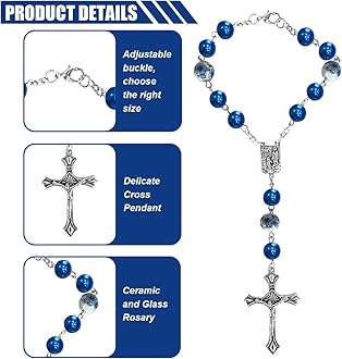 2PCS Car Rosary for Rearview Mirror, Blue Ceramic Beads Pendant Car Interior Rear View Mirror Charm Auto Decor, Medal and Cross Hanging Accessories for Women Men