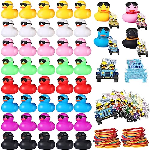Sratte 120 Pcs Rubber Ducks Tags Kits Includes 40 Ducks with 40 Gift Cards & 40 Rubber Bands for Carnivals Baby Bath Toys Birthday Gifts Hiding Duck Easter Basket Stuffers Party Favors