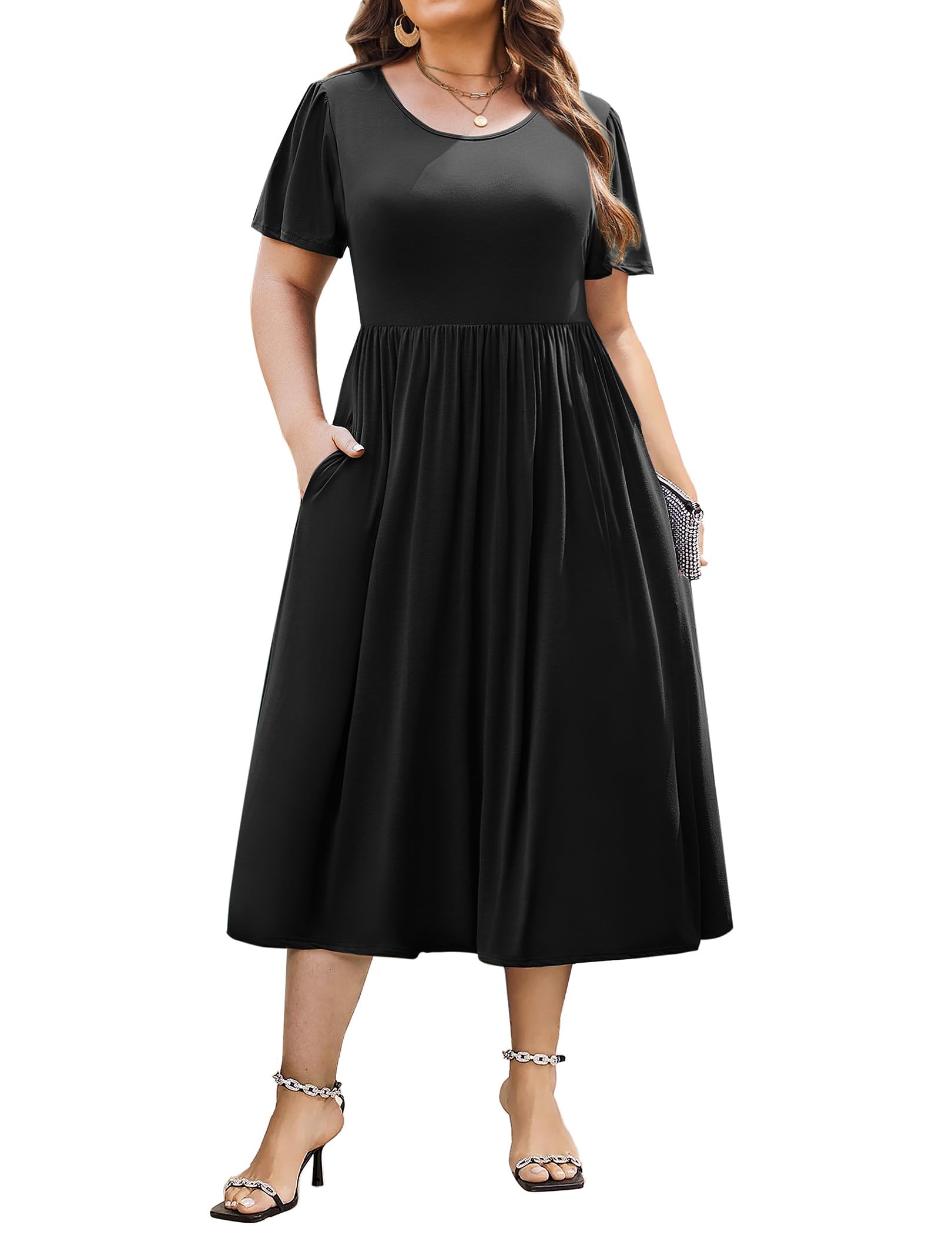 IN'VOLAND Women Plus Size Short Sleeve Dress Loose Summer Casual A-Line Flowy Midi Dresses with Pockets