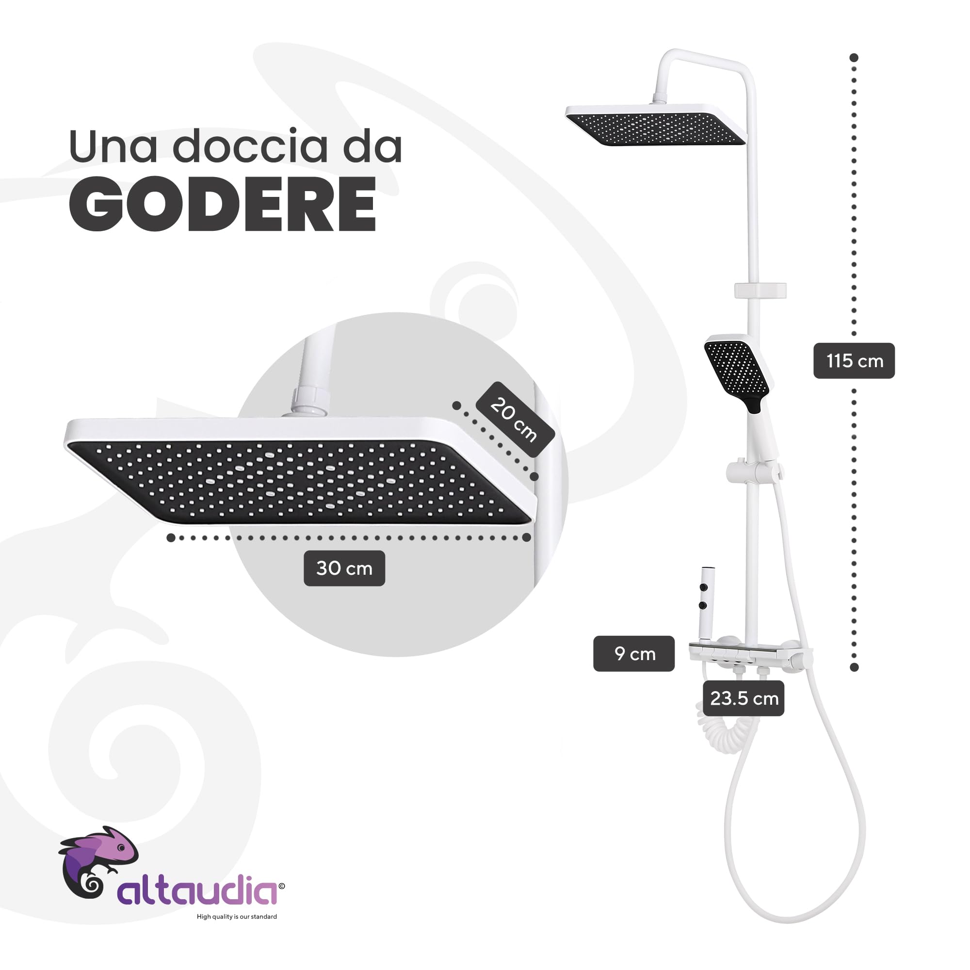 Colonna Doccia Termostatica con Display LED - 4 Vie (Pioggia 30×20 cm, Doccetta, Spray 3 Modalità, Getto), Materiale Inox/ABS, SX Caldo/DX Freddo, Altezza Regolabile, Colore Bianco