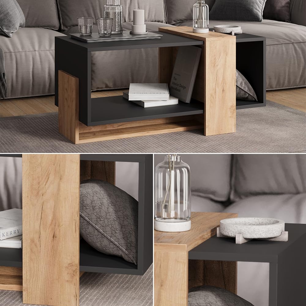 Vicco Couchtisch Aven, Anthrazit/Goldkraft Eiche, 91.8 x 49 cm | mit offener Ablagefläche zur Aufbewahrung von Alltagsgegenständen