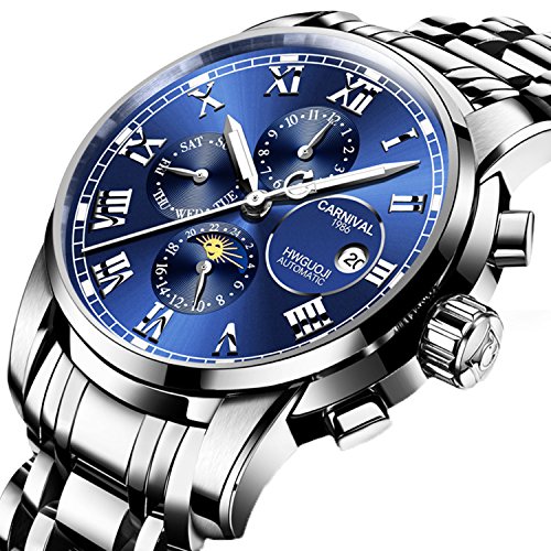 Carnival Mens Automatic Machine Gold Stainless Steel Sapphire Waterproof Mens Multifunction Blue Watch #TOP1