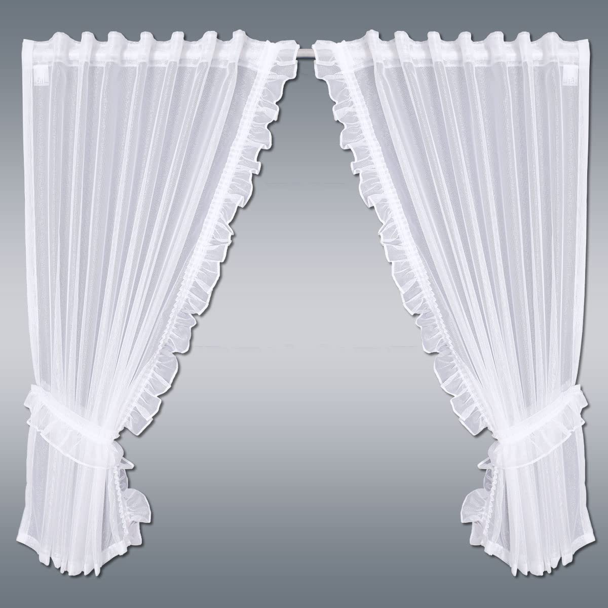 Dekoschals Manja Gardinen-Set 4-teilig Scheibenraffgardine mit Rüsche in weiß halbtransparent inklusive Raffhalter 100 x 100 cm
