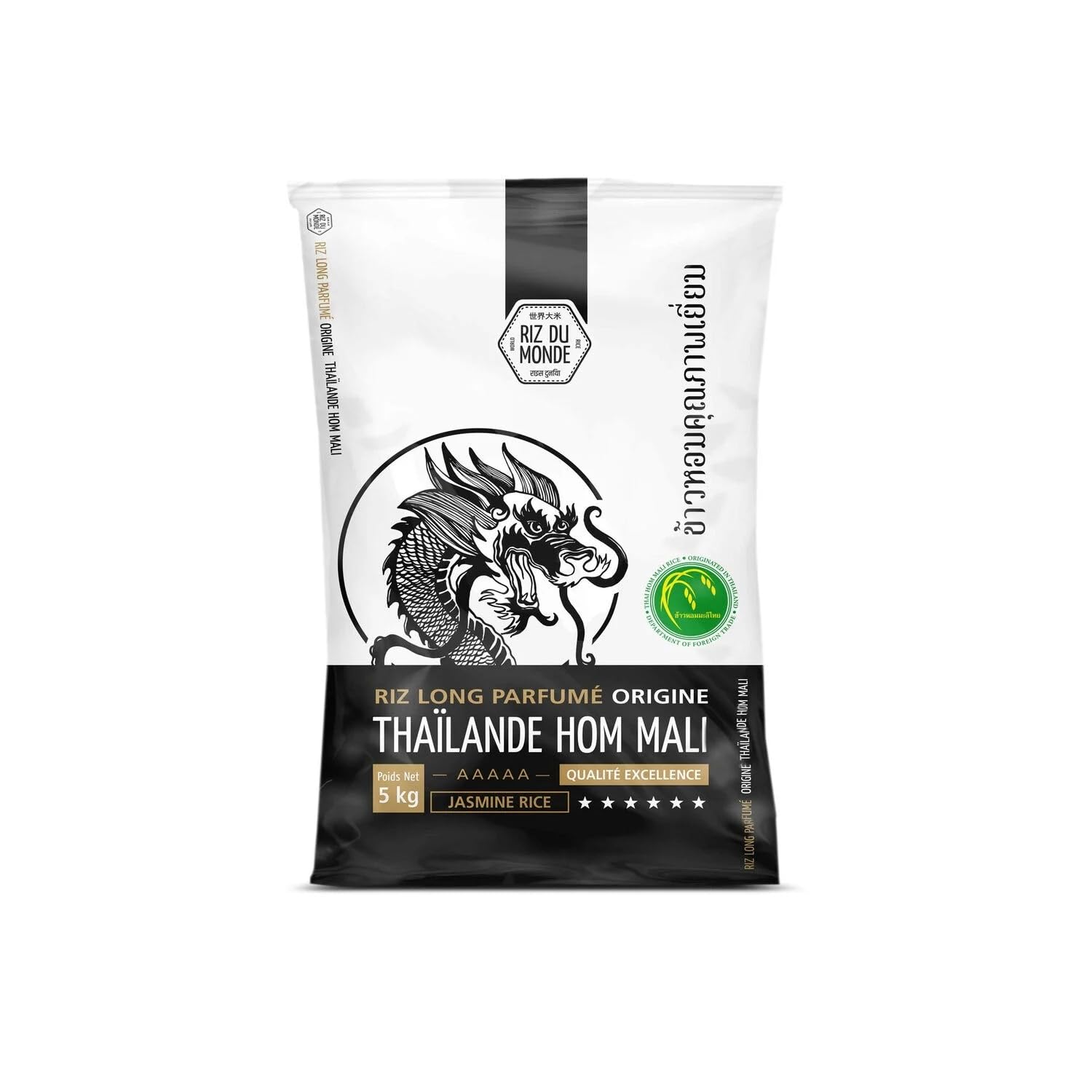 RIZ DU MONDE - Riz Long Parfumé Jasmin - Origine Thaïlande Hom Mali, Qualité Excellence - Grand Format 5 kg - Économique pour Toute la Famille - le paquet de 5Kg - L'Unité