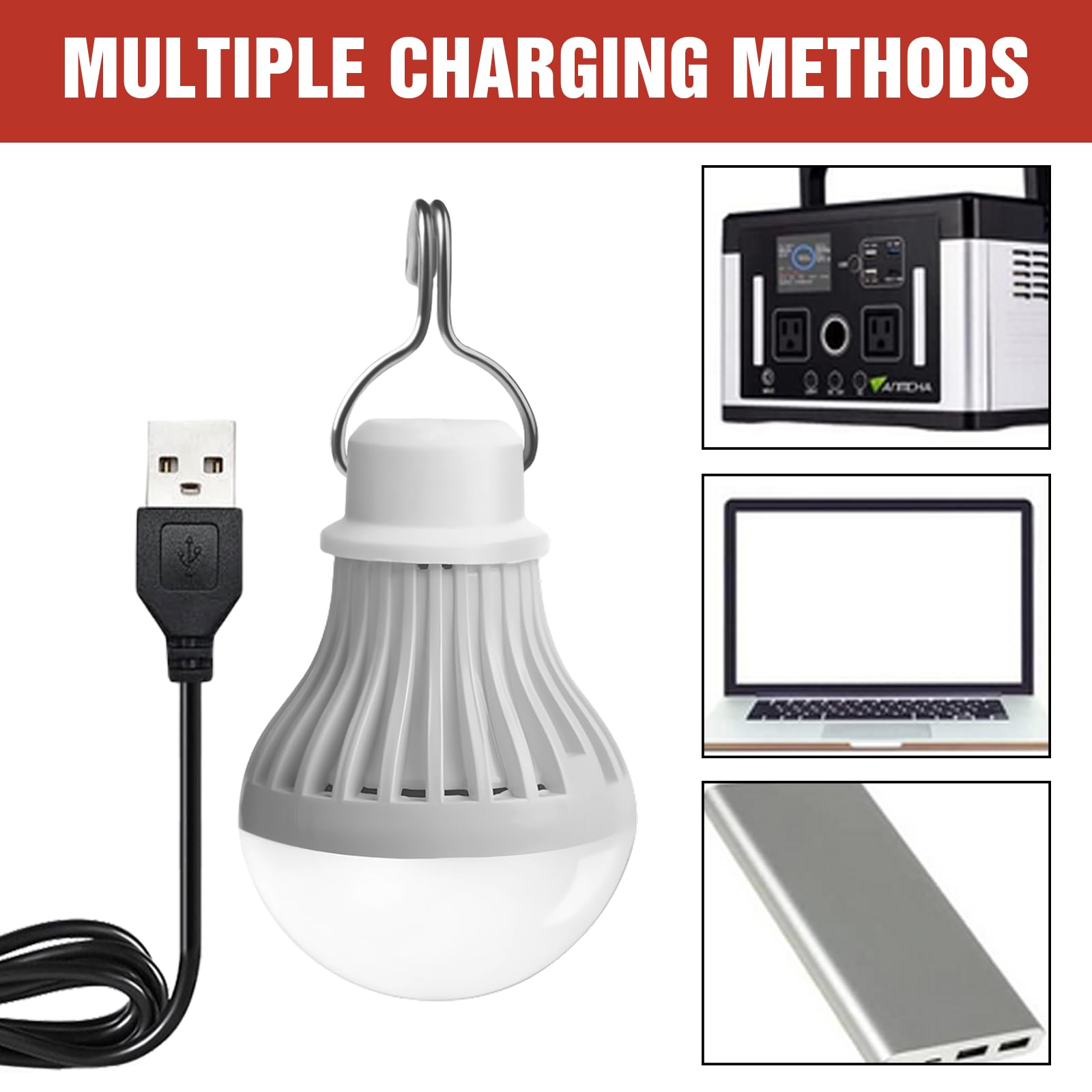 Set di 2 lampade da campeggio LED USB ricaricabili 7 W - Lampada da tenda con intensità variabile - 3 modalità di illuminazione 2700-5000 K - Luce di emergenza con gancio - Funziona con pile