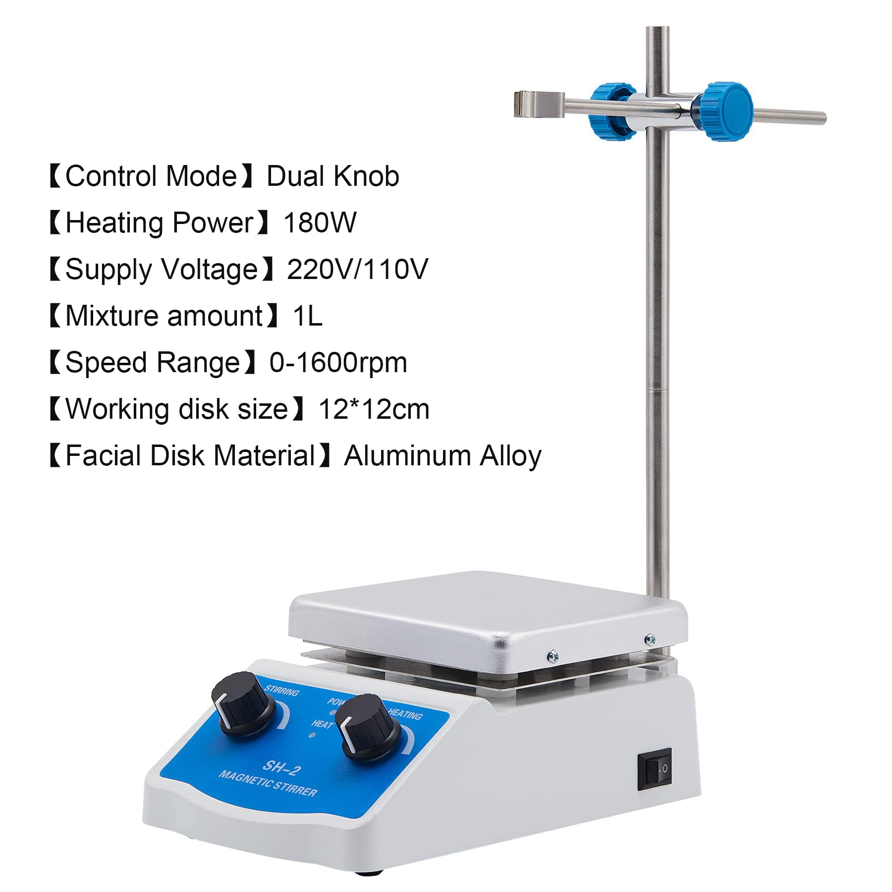 Placa caliente agitadora magnética con calefacción y ajuste de velocidad, 0-1600 rpm, capacidad de 1 litro, ideal para uso en laboratorio