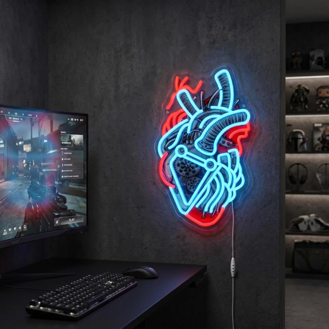 Cyberpunk - Insegna al neon a LED a forma di cuore meccanico, dimmerabile per sala giochi, insegna a LED per camera da letto, camera da letto, stanza dei ragazzi, 25 x 40,79 cm