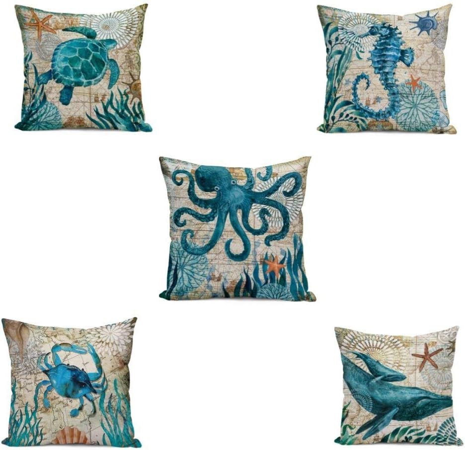 ECONIE Ocean Part Theme Throw Pillow Case (Octopus/Sea Turtle/Dolphin/Crab/Sea Horse) Animal Cotton Linen Suare Pillow Cushion Cover Decorative 18 x18 Inch, Set of 5