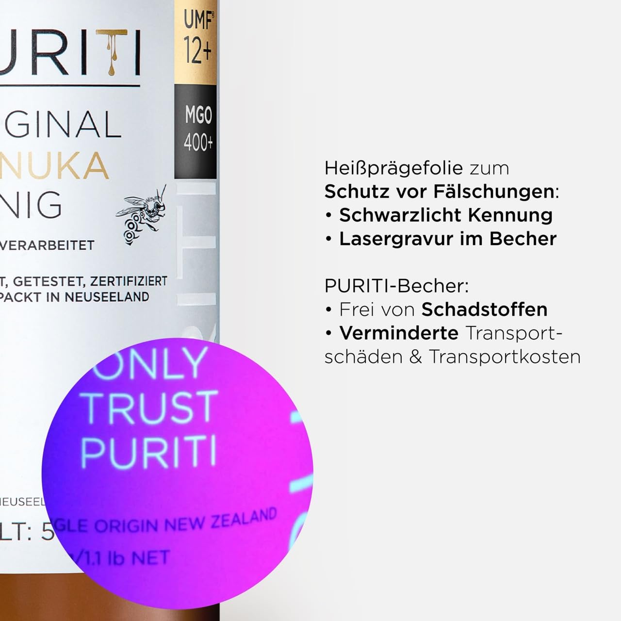 PURITI Manuka Honig MGO 400+ 500g aus Neuseeland mit zertifiziertem Methylglyoxal Gehalt - Laborgeprüft, Direktimport, reines Naturprodukt, frei von Zusatzstoffen