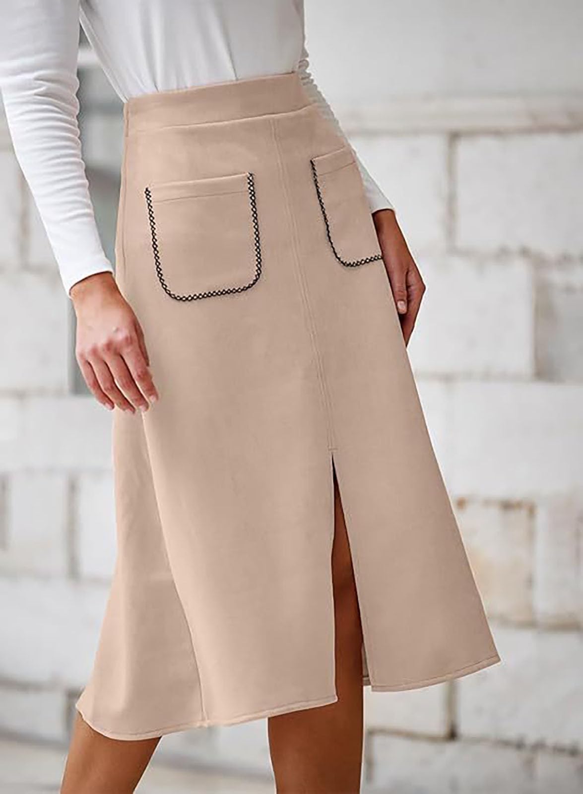 Donna Faux Suede Gonna Lunga spaccata a Vita Alta Tasche Frontali Faux Suede A-Line Gonna Lunga con Spacco