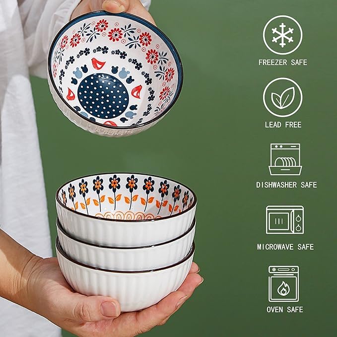 Image of Premium Ceramic Bowls Set of 4 for Kitchen & Dining | Microwave Safe Serving Bowls for Soup, Snacks, Salad, Ice Cream, Noodles & Cereal | Dishwasher Safe Multicolor Bowls
