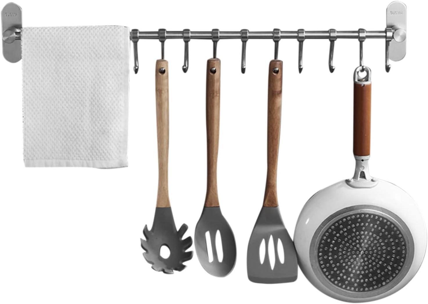 Towel Rack Pot Pan Rack Stainless Steel Kitchen Wall Rack Adhesive Kitchen Rail with Hook No Drill Wall Mounted for Kitchen Bathroom Storage,6 Hooks Bathroom Hardware Pendant (Size : 6 Hooks) ( )