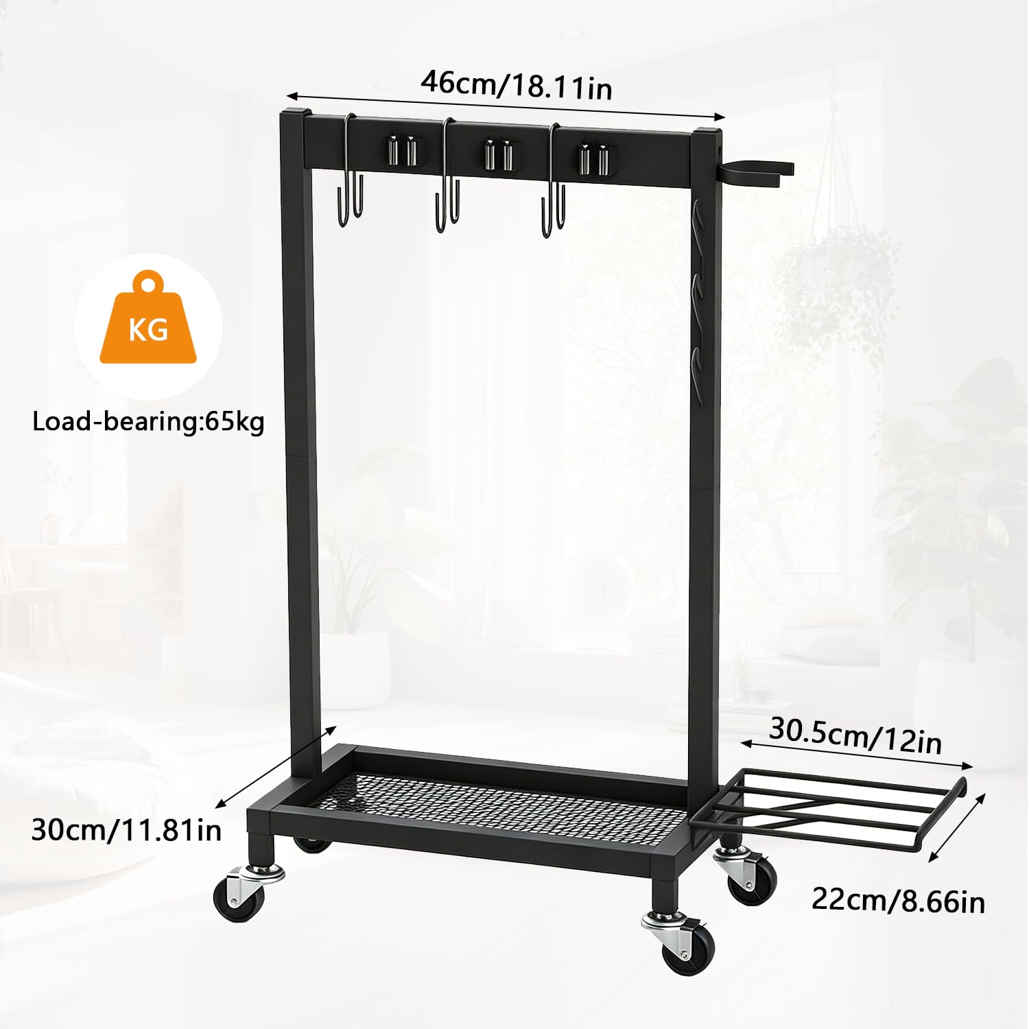 Besenhalter mit Ablage für Reinigungsutensilien, Besenhalter auf Rollen, Halter für Besen und Mopps, Reinigungswagen mit 6 Mopp-Haken, inklusive 3 Doppelhaken, Tragkraft 68 kg
