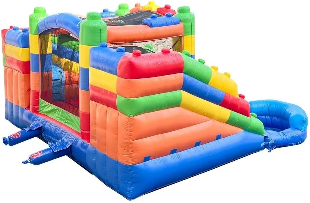 Crossover Building Block Castle Double Water Slide Bounce House Combo, 16.5 x 15 x 11 Foot, PVC Vinyl Inflatable Bouncer for Kids, Removable Pools, Stakes, Storage Bag and 1 HP Blower