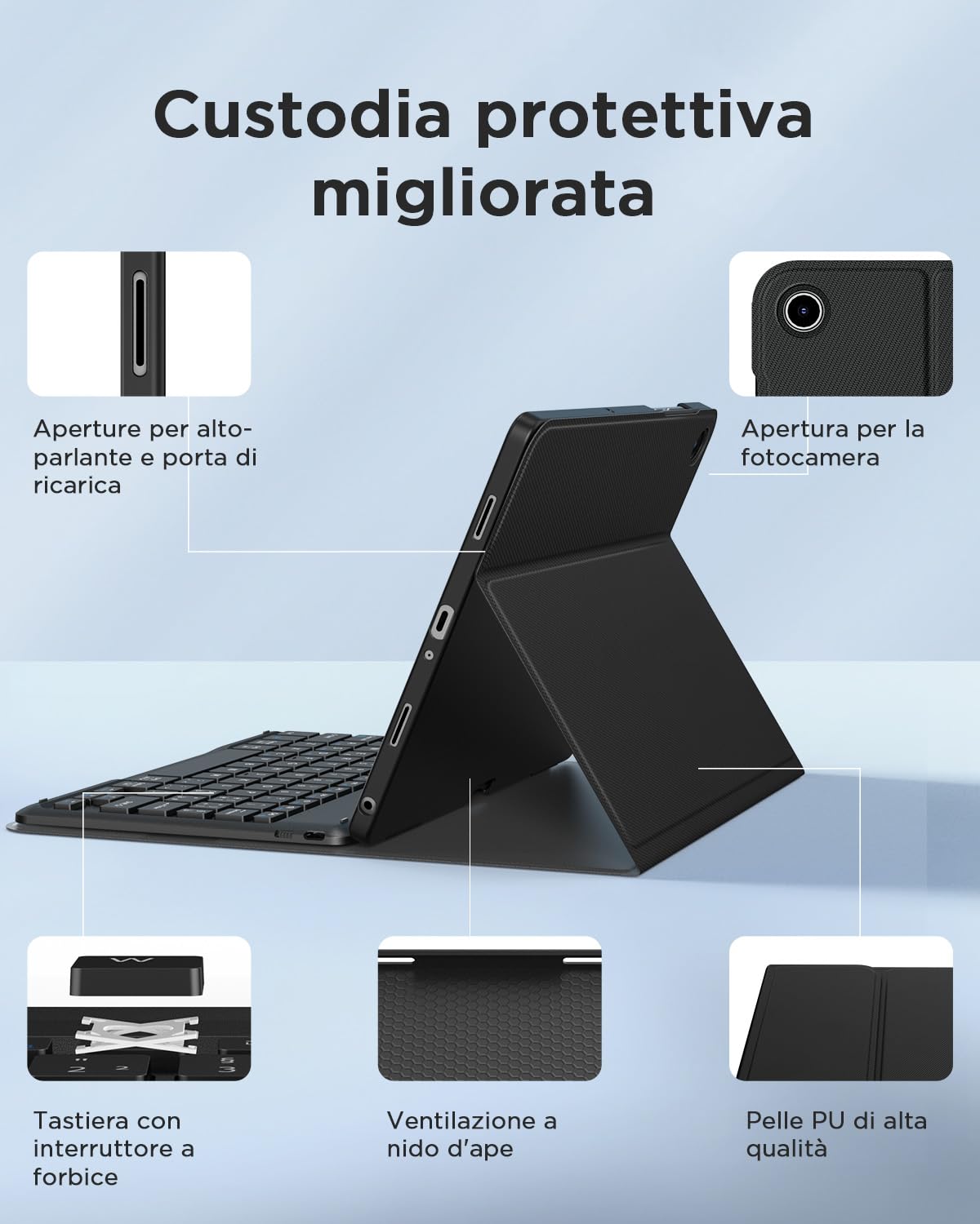 EasyAcc Cover con Tastiera Compatibile con Samsung Galaxy Tab A11 Plus/A9 Plus 11 pollici con Pellicola Protettiva, [Italiano], Custodia Protettiva per Tastiera Rimovibile con Portapenne, Nero