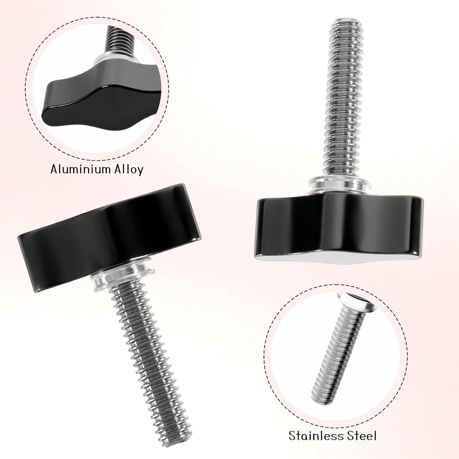 4 Pcs Threaded Thumb Screw, 1/4"-20 x 1 Black Adjustable Tee Wing Aluminum Knob Stainless Steel Standard/Coarse Thread