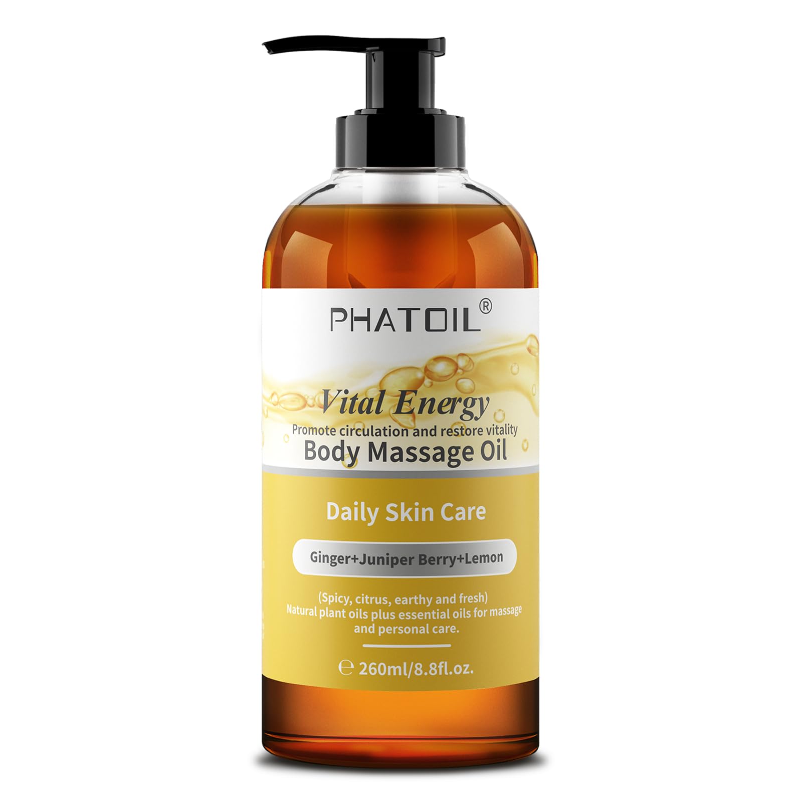 PHATOIL Ginger Oil Ginger Body Massage Oil for Gua Sha, with Lemon,Juniper Berry, 260ML Large Bottle Warming Body Oil for Spa, Lymphatic Drainage,