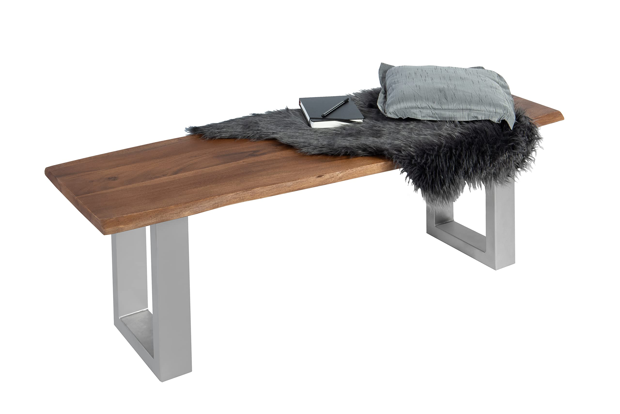 SAM Esszimmerbank 160x42 cm Chicago, Akazienholz nussbaumfarben, Massive Holzbank mit echter Baumkante, Baumkantenbank mit U-Gestell Silber, Sitzbank mit 26 mm Platte