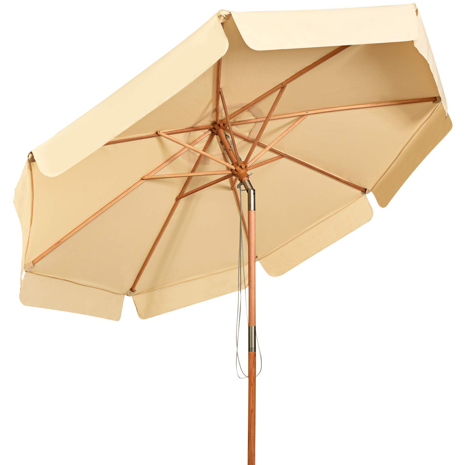GOPLUS Sombrilla Ø300cm de Madera y Tejido de Poliéster, Parasol Inclinable y Plegable con Protección Solar y Impermeable, Sombrilla de Manivela para Exterior Playa Terraza Jardín Piscina, sin Base